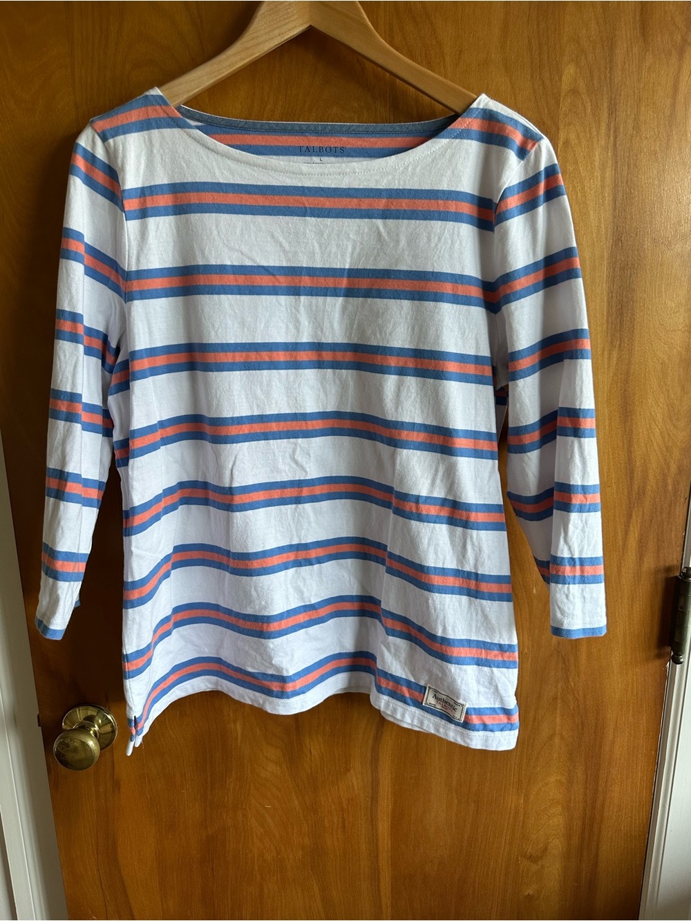 Talbots White Top with Blue and Coral Stripes